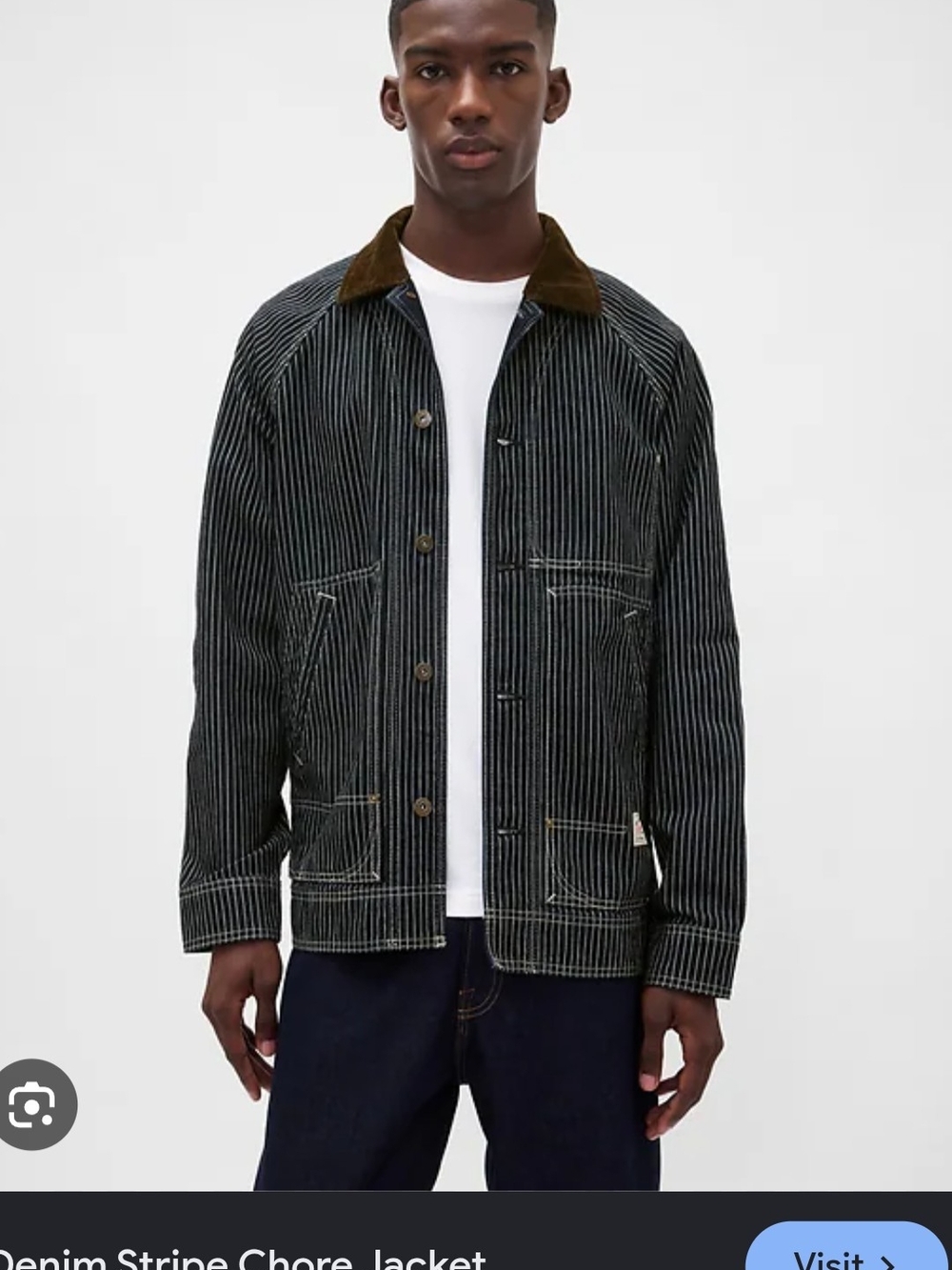 GAP Black & White Pinstripe Chore Jacket with Brown Collar